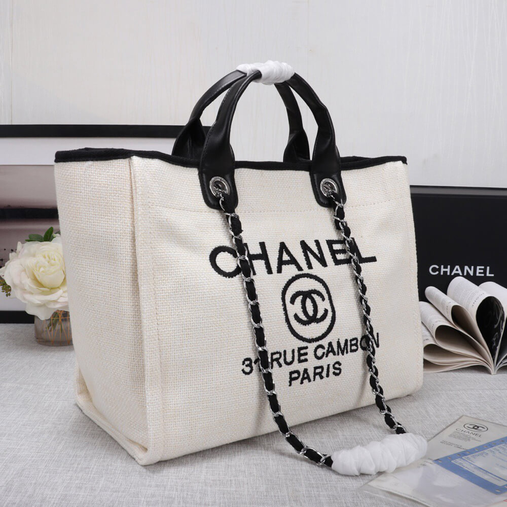 Ch**el Woven Straw Raffia Striped Medium Deauville Tote
